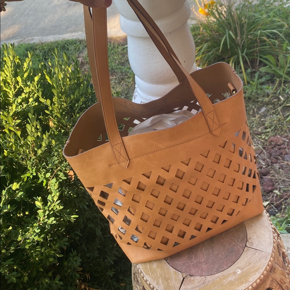 Madewell  Tan Laser-Cut Leather Tote Bag